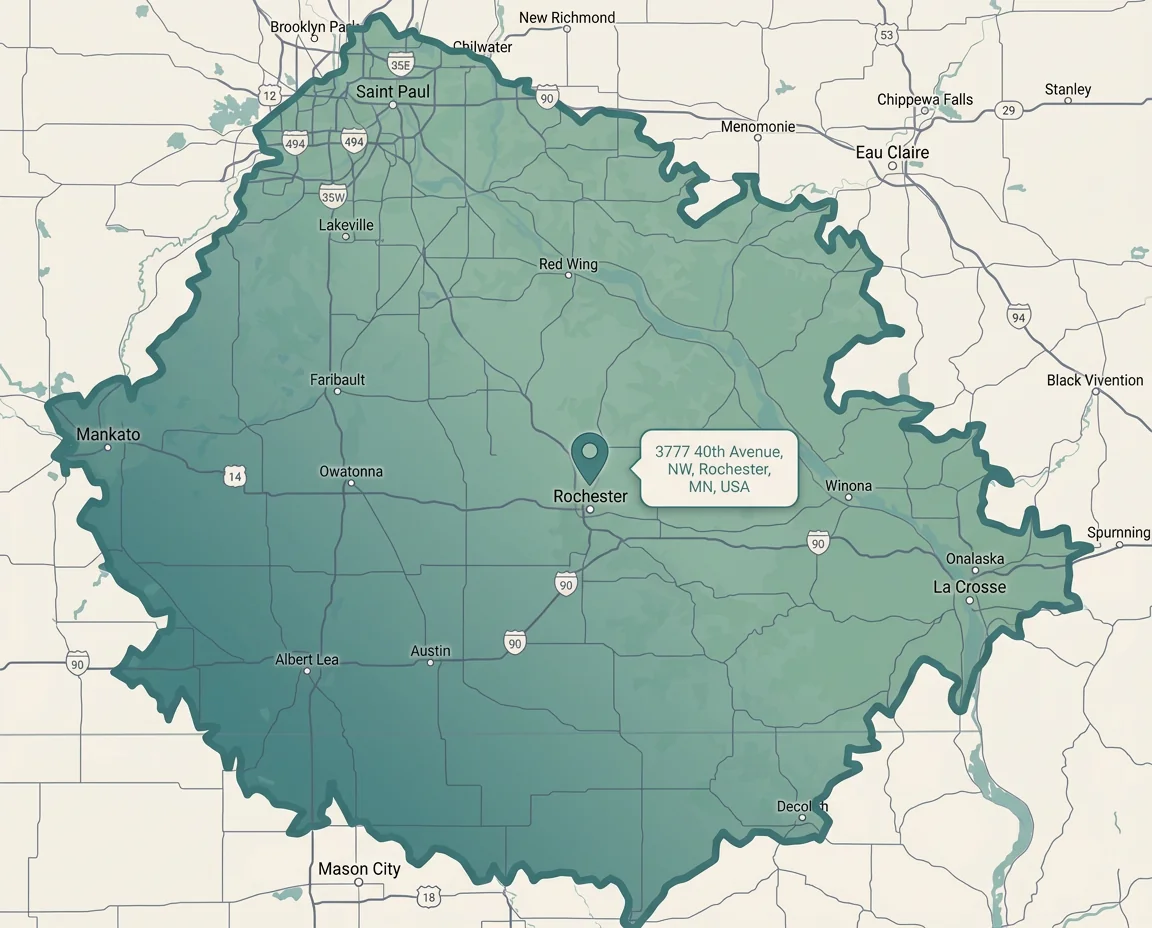 Map of southeastern Minnesota showing the Mind Matters service area
